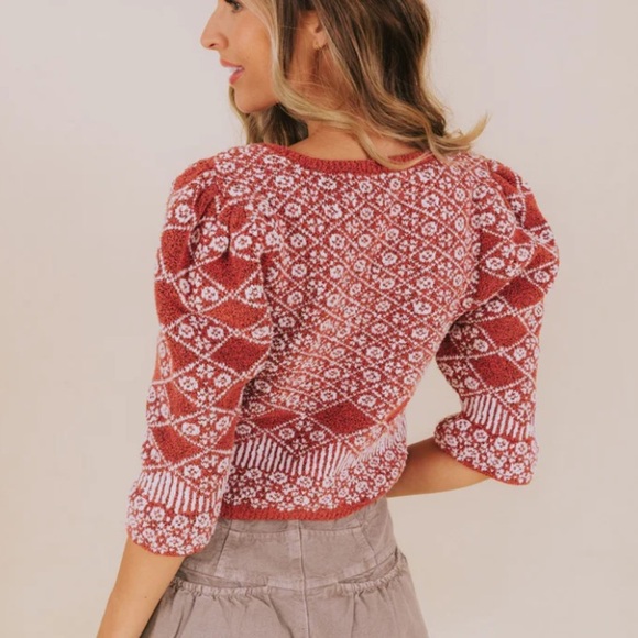 Free People Geo floral Patterned puff sleeve Cardigan 2337 - Picture 2 of 16